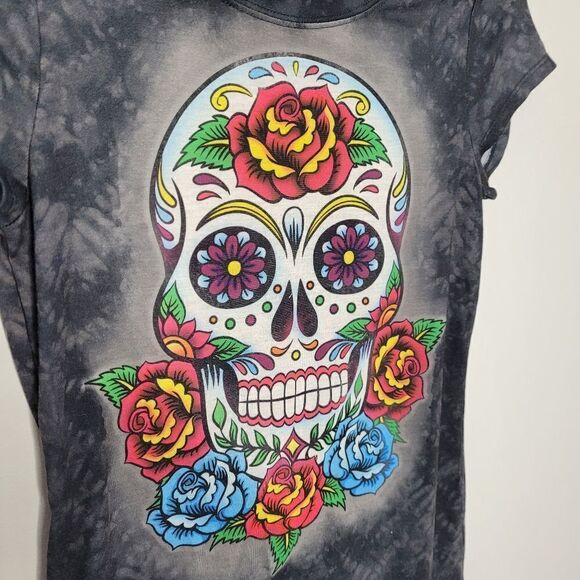 SUGAR SKULL Halloween floral short sleeve burnout‎ tee shirt M - Picture 3 of 6